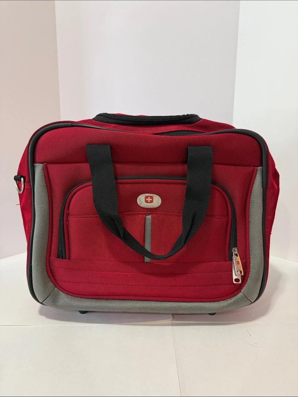 Swiss alps Red Travel Suitcase with Front Pocket and Black Handles